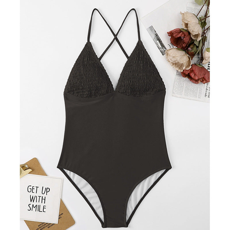 Wholesale Solid Color V-Neck Triangle Cup Skinny Triangle Siamese Swimwear